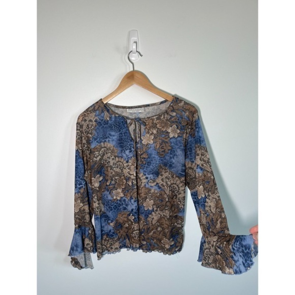 VTG Versailles Y2K Blouse Brown Flare Sleeve Boho Forest Fairy Tie Front‎ Large